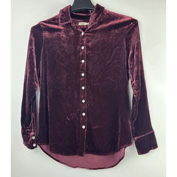 *Flaw Faherty Stretch Silk Blend Velvet Genevieve Shirt Button Up Burgundy Small - Picture 2 of 11